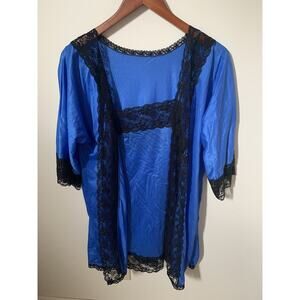 Vintage Nighty Lingerie Set Robe Satin Nylon Womens Size Medium Blue Black Lace
